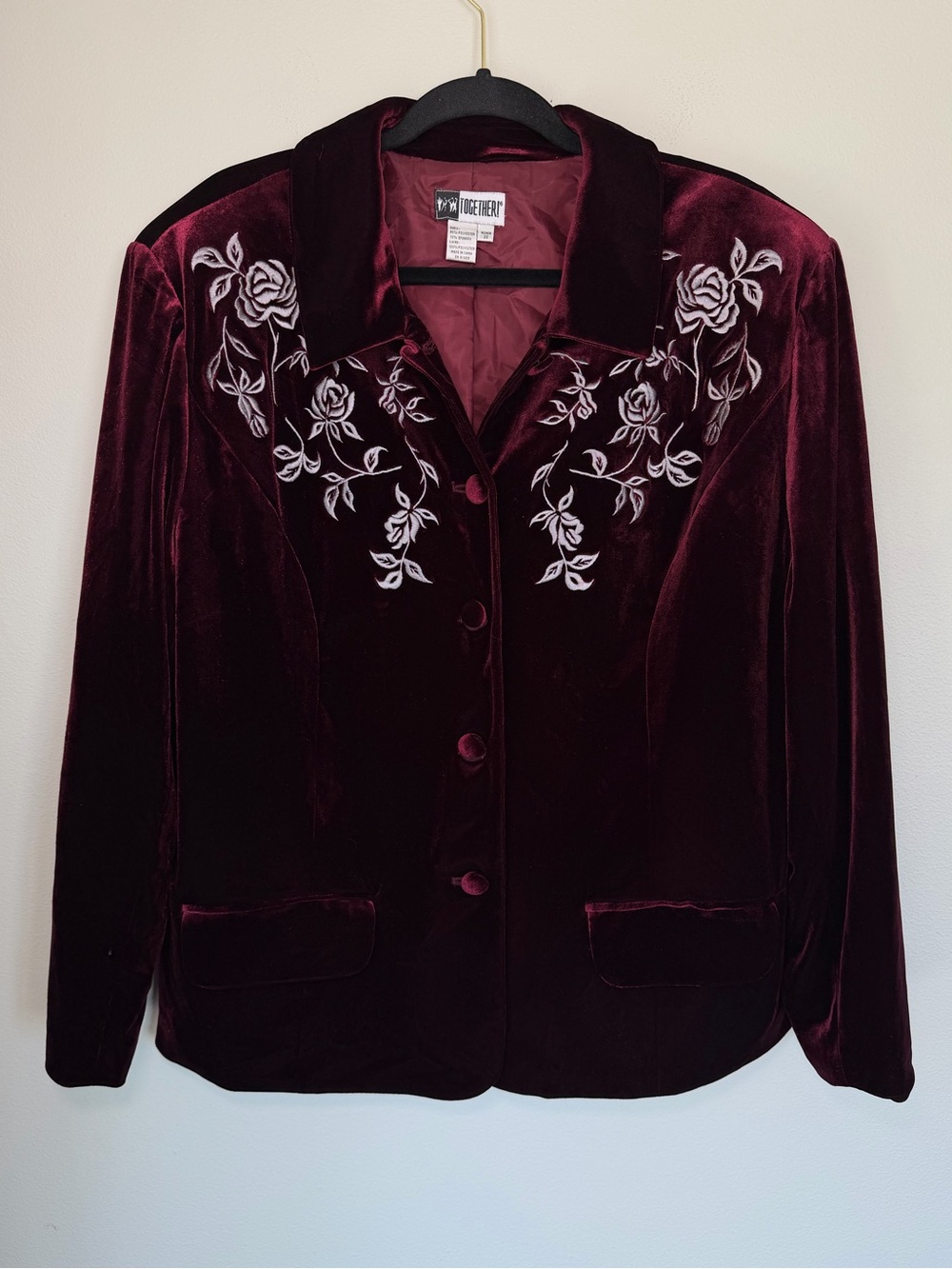 Vintage Together Red Velvet Embroidered Blazer Jacket 80’s 90’s Romantic Vampy